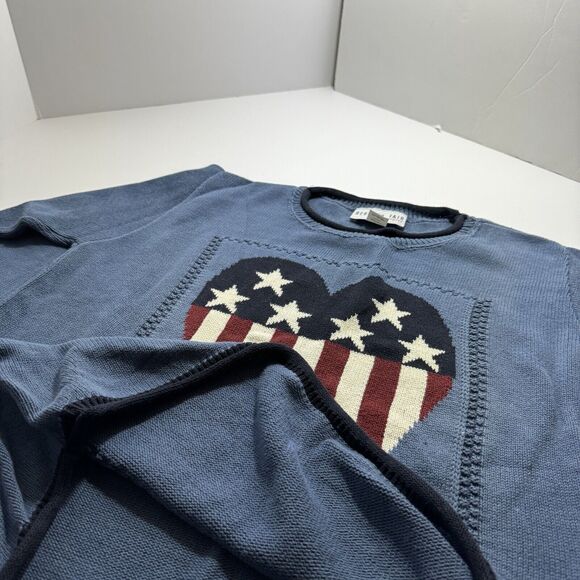 Vintage 100% Handknit Heart American Flag Blue Crewneck Sweater Woman's Size XL - Picture 5 of 5
